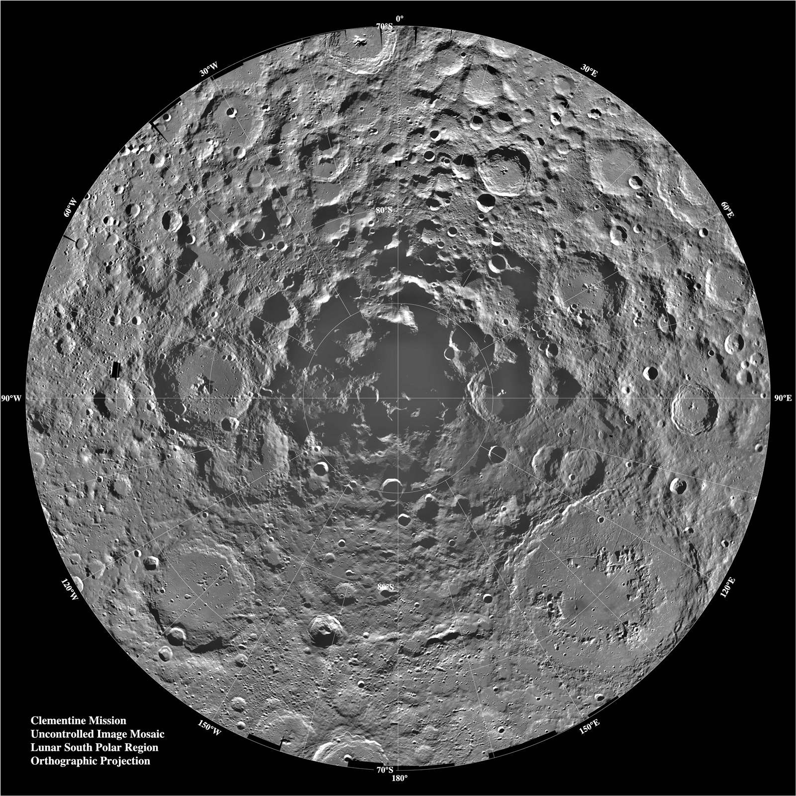 Clementine mosaic of the lunar south pole region, an orthographic projection centered on the pole