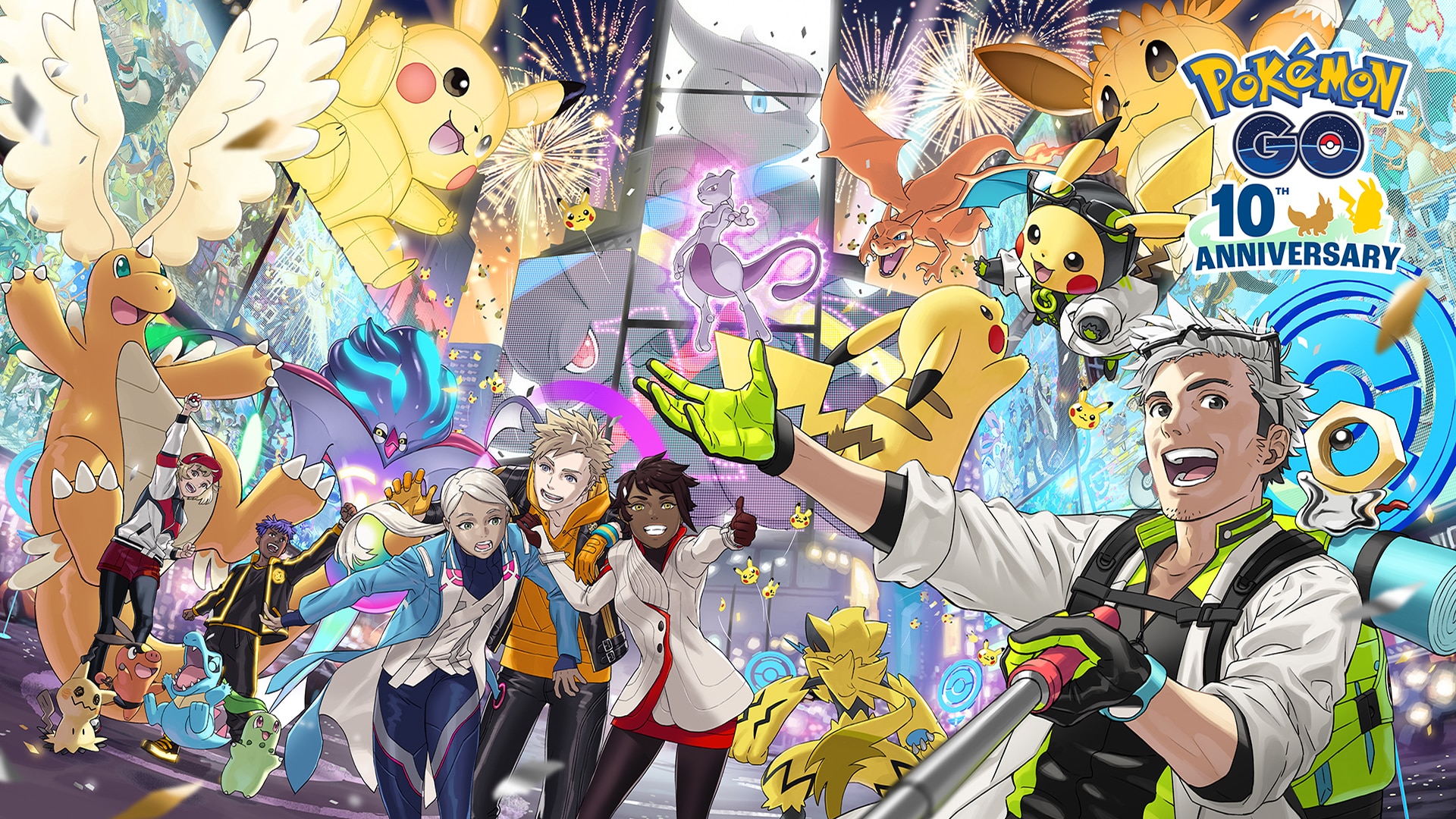 Ten-year anniversary artwork for Pokémon GO showing iconic Pokémon around a Pokéball